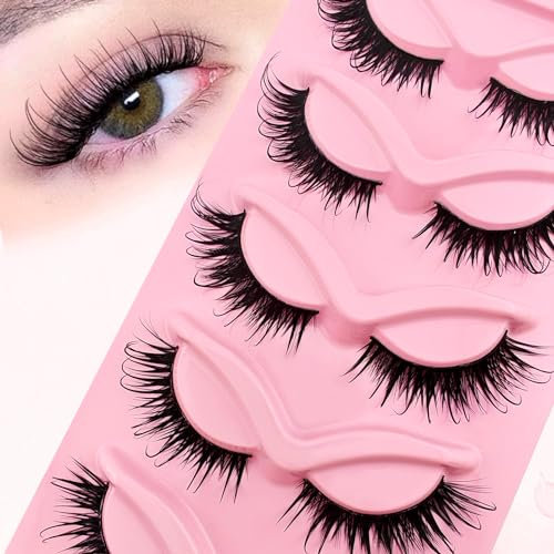 Lot de 5 paires de faux cils Wispy - Effet mouillé - Curly Fox Eye - 18 mm de long - Ailes d'ange dramatiques - Lifting de cils (Wet-6-10)