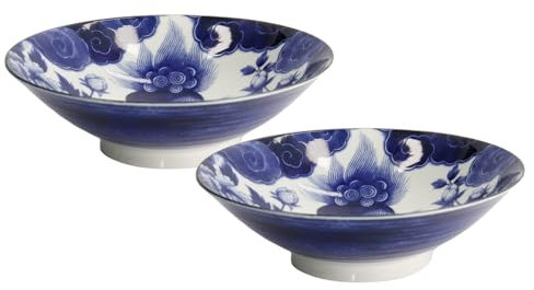 TOKYO Japonism Löwen-Schalen 2er Set, große japanische Suppen- & Ramen-Schalen, blau-weißes Porzellan, Ø 25,2 cm, 1600 ml, traditionelles japanisches Design, Servierschalen für Nudeln & Salate