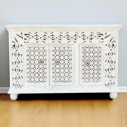 Sideboard Manisha indische Kommode aus Mangoholz mit Schnitzerei Oriental Schlafzimmer Weiß Whitewash 150 cm