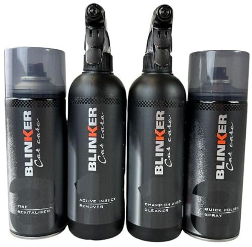 Blinker - Kit Total Car Care - Esenciales Coche - Superficies Internas, Externas, Limpieza de Llantas - Incluye Fresh Interior Cleaner, Active Insect Remover, Tire Revitalizer, Champion Wheel Cleaner