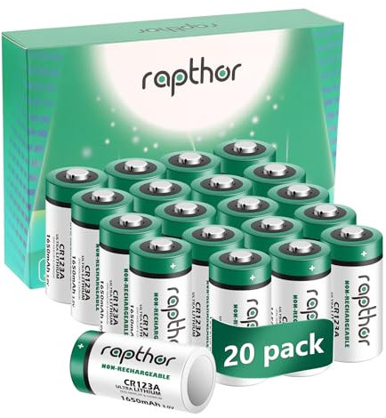 Rapthor Lot de 20 piles au lithium CR123A 3 V 1650 mAh de rechange pour CR123 CR123A CR17345, certifiées CE, UL, ROHS, pour lampes de poche, appareils photo et appareils intelligents, non