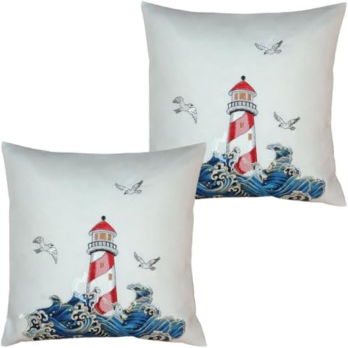 matches21 HOME & HOBBY Kissenhüllen Yvonne 2er 40 x 40 cm Maritime Stickerei - Dekokissen mit Leuchtturm & Möwen Polyester
