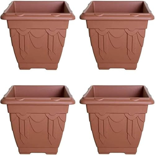 shopior Antique Durable Square Planters Indoor & Outdoor Spaces| 30cm Plastic Garden Venetian Style Flowers, Herbs, Barrel - Over Fence and Decorative Plant Pots - Patio or Home Decor (4, Terracotta)