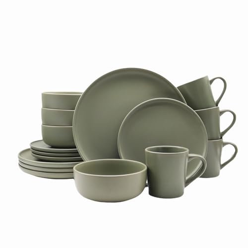 HOMD 16-Pieces Stoneware Dinnerware Set, Dinner Set, Kitchen Dinnerware Ceramic Crockery Set, Dinner Service Set for 4, Include Dinner Plate, Dessert Plate, Cereal Bowl and Mug (Light Green)
