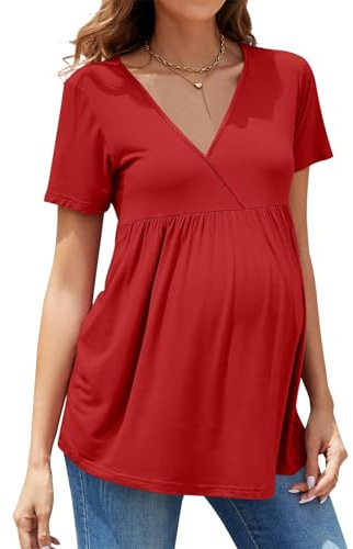 Hohololo T-shirt à manches courtes pour la maternité avec col en V - Hauts de grossesse pour femmes enceintes, Rose 2., S