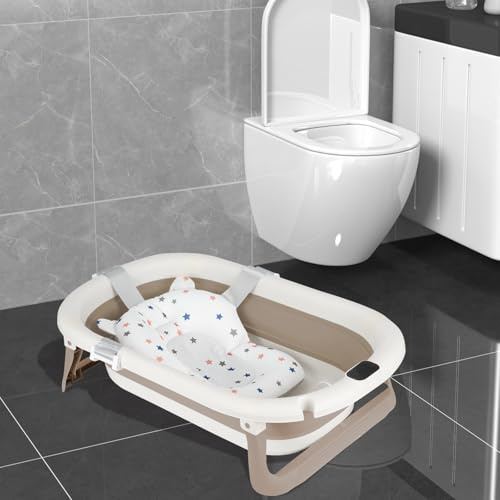 Baignoire Bebe Pliable avec Thermomètre, Coussins de Douche, Prise de Douche, Ventouse Antidérapante, Baignoire Pliable BéBé pour Nouveau-Né, 0 à 24 Mois (Kaki, 43x71x18.5cm)