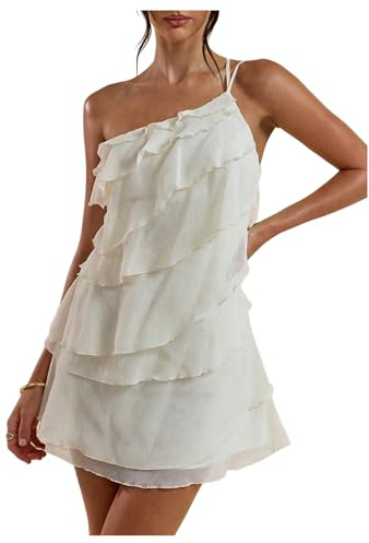 SOLY HUX Women's Mini Dress One Shoulder Ruffle Mesh Dresses Layered Backless Vacation Party Sundresses Plain Beige Large