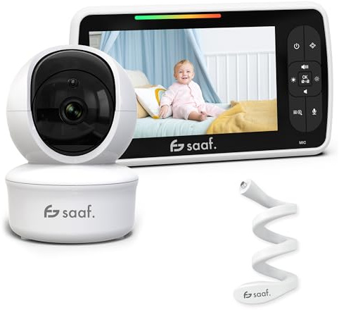 saaf Baby Monitor con Telecamera e Schermo 5” – Telecamera Orientabile e Rotante con Funzione Zoom – Funzione Parla & Visione Notturna – Luminosità Regolabile – Supporto Flessibile Incluso
