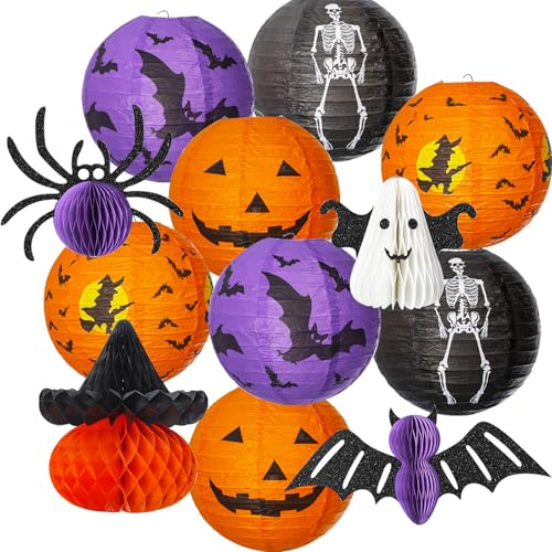 YiYa 12 Pcs Pezzi Decorazioni di lanterne di carta di Halloween Jack-O-Lanterna Halloween Ragno Pipistrello Zucca Fantasma per Decorazione di Festa di Halloween Interno e Esterno