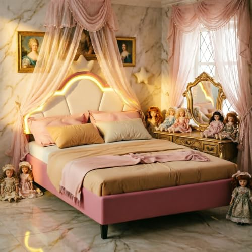 BestAlice Polsterbett Kinderbett 90x200 für Mädchen,LED mädchen Bett 90x200 | Prinzessinnenbett mit Verstellbares Crown-Kopfteil, Rosa Kinderbett Einzelbett Bettgestell mit Lattenrost,Teenager,Samt