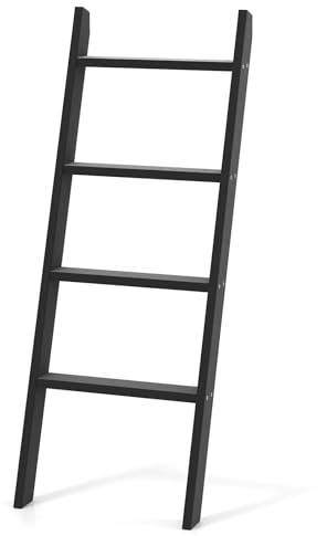 COSTWAY Scaffale di Stoccaggio in Legno di Pino, Porta Asciugamani a 4 Livelli per Bagno, Porta Salviette, Multiuso per Bagno Soggiorno (Nero,51 x 8 x 137 cm)