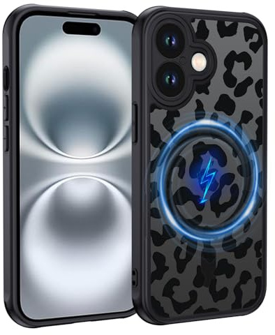 XTCASE für iPhone 16 Hülle Magnetisch kompatibel mit Magsafe, Aesthetic Leopard Muster Mädchen Case Matt Transluzente Handyhülle Kratzfeste PC Rückseite + TPU Bumper - Schwarz