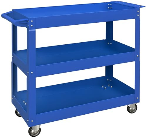 DURHAND Chariot Desserte d'Atelier Acier 3 Plateaux 83 x 35,3 x 76 cm Bleu | Sur Roulettes, Avec Poignée, Charge Max. 150 kg, Desserte à Outils