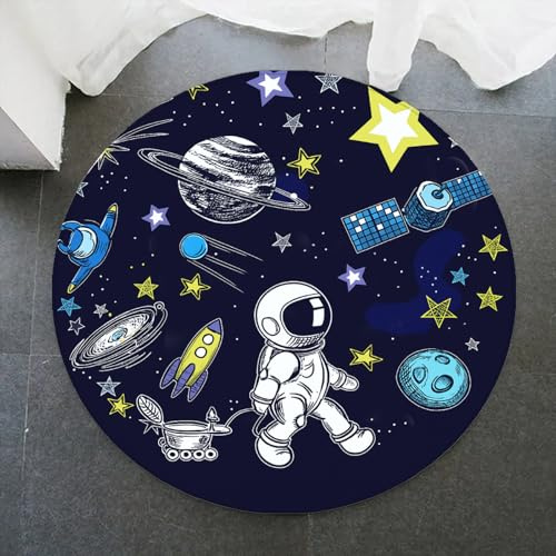 LinQton Runder Teppich, Weltraumthema, Astronaut, Planeten, Wohnzimmer, Kreis, Teppich, rutschfest, Kinderzimmer, Spielmatte, kosmisches Universum, Dekor für Jungen und Mädchen (Farbe 1,180 x 180 cm)