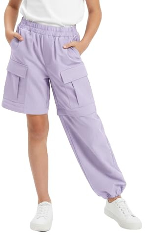 Lightweight Cargo Pants for Girls Kid Convertible Water-Resistant Zip-Off Outdoor Pants with Drawstring & Pockets Purple
