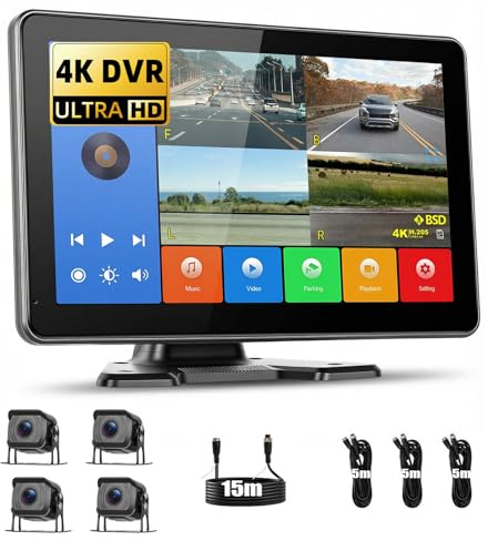 GOHHDL Cámara de Marcha Atrás con 10.1 Pulgadas 4K DVR Monitor 4 Divisiones, 4 Cámaras con BSD, IP68 Resistente al Agua, Grabación, Supervisión de Aparcamiento, Líneas de Estacionamiento, 12 V-24 V