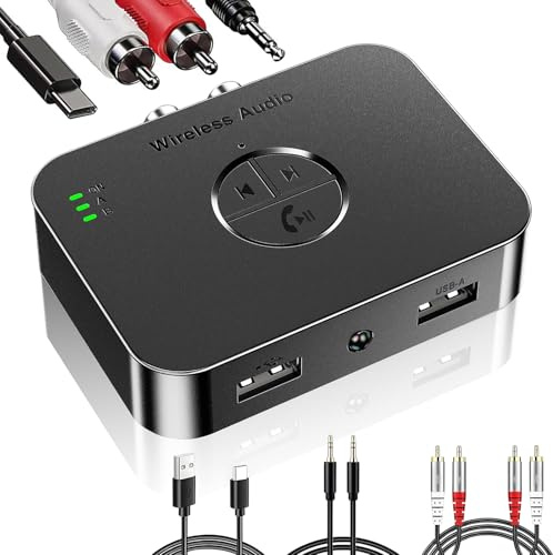 Transmetteur Bluetooth 6.0 Adaptateur Bluetooth pour Chaine Hi-FI, Emetteur Recepteur Audio 2 in 1 Audio HD et Faible Latence Autoradio avec 1 Câble Charge USB-C 1 3,5 mm 1 Câble RCA