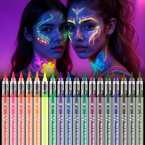 AOOWU Pintura de Cara de Neón Brillante UV, 18 Ceras de Tatuaje de Color, No Tóxico Cera Lápiz UV Neón para Adultos, Colores de Pintura Corporal para Halloween, Mardi Gras, Fiesta de Disfraces