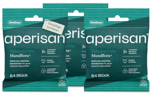 aperisan Zahnputztabs Mundflora+, Zahnputztabletten für unterwegs, 3x84 St | mit Fluorid, ideal auf Reisen, stärkt die Mundflora & den Zahnschmelz, schützt vor Karies, ohne scharfe Tenside, vegan