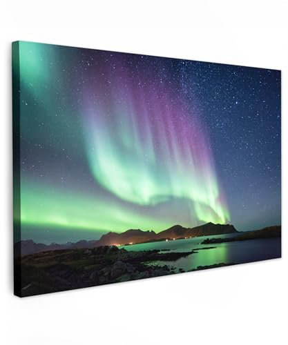 MuchoWow Leinwand Bilder, Einzigartige Wanddeko mit Rahmen, Nordlicht - Grün - Lila - Sternenhimmel - See - Berg, Wandbilder Wohnzimmer, Deko Schlafzimmer 120x80 cm