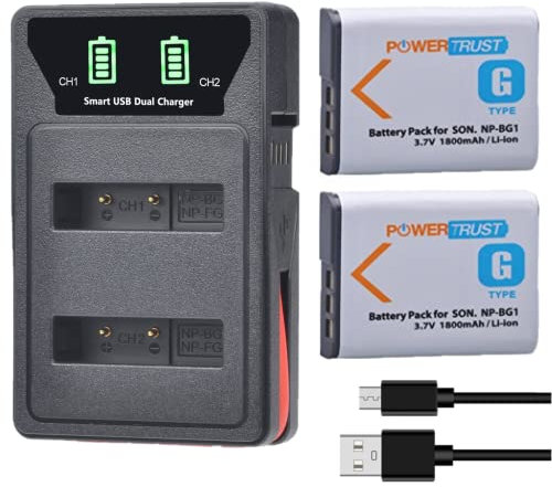 PowerTrust 2Pcs NP-BG1 NP-FG1 Battery and Charger for Sony Cyber-Shot DSC-W150 DSC-HX5 DSC-N1 DSC-W170 DSC-T100 DSC-H55 DSC-H9 DSC-WX1 DSC-N2 DSC-H10 DSC-H7 DSC-T20
