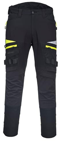 Portwest DX449 Mens Slim Fit Work Trousers - Durable Construction Work Hi Vis Cargo Trousers with Stretch Fabric and Knee Pad Pockets Black, 28