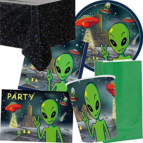 92-tlg. PARTY SET * ALIEN * für Kindergeburtstag mit 8 Kinder: Teller, Becher, Servietten, Einladungen, Tischdecke, Partytüten | UFO Weltraum Weltall Mars Marsmensch grün | Mottoparty Luftballons Deko