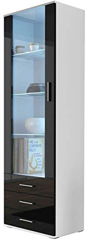 Vitrine mit Blauer LED Beleuchtung SOHO S1 Vitrinenschrank Standvitrine Stauraumvitrine Glasvitrine Schrank Wohnzimmerschran (Weiß/Schwarz Hochglanz)