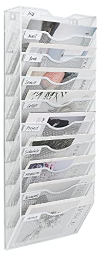EasyPAG Portadocumenti a Parete A4 10 Compartimenti Metallo Rete,Portariviste a Muro,Porta Lettere da Appendere,Organizzatore Posta da Muro per Ufficio & Casa,Bianco