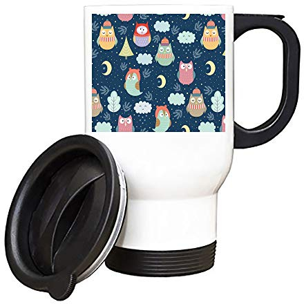 Owl Bird Pattern Inspired Silver/White Insulated Travel Tea/Coffee Mug.