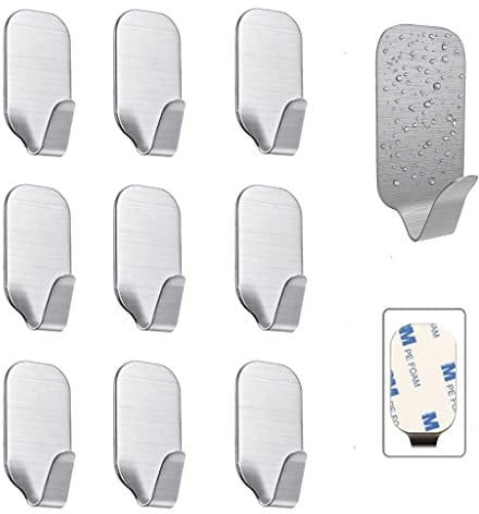 CNZON 10 Pack Wall Hooks, Self Adhesive Hooks, Heavy Duty Sticky Hooks for Towels and Clothes,Waterproof Rustproof Stainless Steel Wall Hanging Hooks for Kitchen Bathroom Home