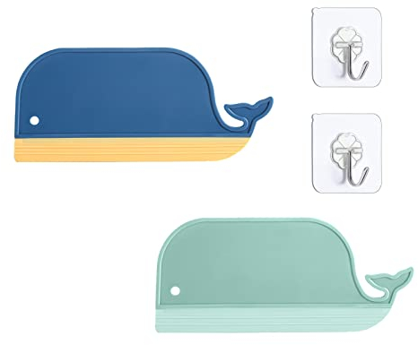 Multiusos rasqueta limpiacristales para Ducha,Creative Silicon Squeegee Limpiacristales con Gancho para Vidrio, azulejo, Ventana de baño y limpiaparabrisas de Espejo de automóvil (2 Piezas) (Ballena)