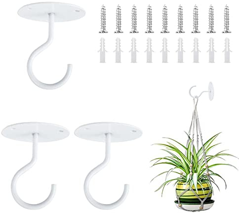 Reagia 3 ganci da soffitto per piante da appendere, ganci a S in metallo con viti e tasselli per appendere cesti per piante, lanterne, campanelli a vento, mangiatoia per uccelli (bianco)