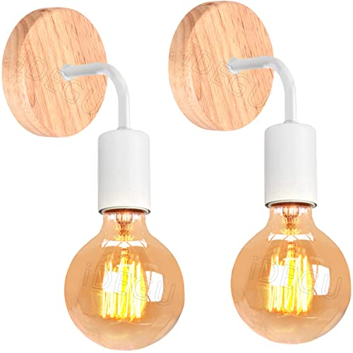 iDEGU 2 Stücke Wandleuchten Vintage Lampe aus Holz und Metall Schlichte Design Wandlampe mit E27 Fassung Industrie LED Lampe Innen für Flur Wohnzimmer Schlafzimmer Esszimmer (Holzbasis, Weiß)