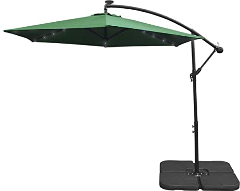 Sonnenschirm Ampelschirm mit LED Beleuchtung Grün 3m 300cm Gartenschirm Garten 360 Drehung Wickelkurbel Kippfunktion 24 Solarbetrieb LED Lichter UV Schützend Wasserdichter Regenchutz & Sockel
