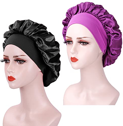 2 Pieces Bonnet Satin Cheveux Nuit, pour Femme, Bonnet en Satin à Bande Élastique Douce (Noir+Violet)