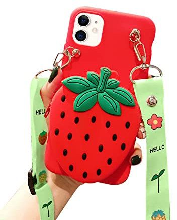 SGVAHY Wallet Case for iPhone 12 Mini with Strap Lanyard Cute Strawberry Coin Purse Funny Phone Case Kawaii Soft Silicone Shockproof Cover for Women Girls