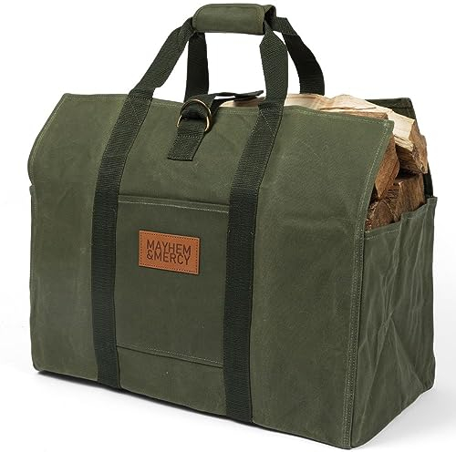 MAYHEM & MERCY Tragetasche aus gewachstem Segeltuch – gewachster Leinen-Kaminholzträger – Hunter Green Feuerholzträger für Kaminholz – Holztasche