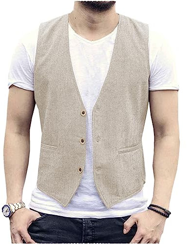 AeoTeokey Chaleco de lino de verano para hombre, chaleco informal, ajuste regular, beige, S