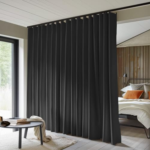 MaKefeile Raumteiler Vorhänge Total Blackout Sichtschutz Panel Raum Wärmeisoliert Geräuschreduzierung für Schlafzimmer Fenster Wohnzimmer Deckenschiene B 10ft × H 7ft Schwarz