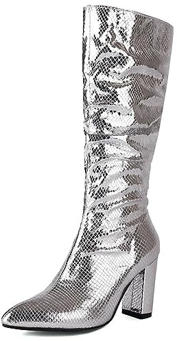 Stivali da Equitazione con Tacco Alto plissettati Metallizzati Scintillanti da Donna, Stivali Alti al Ginocchio in Pelle di Serpente Metallizzata con Tacco a Punta a Punta,Argento,45 EU