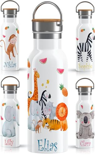 OWLBOOK® Edelstahl Trinkflasche Kinder personalisiert | Wasserflasche Flasche BPA-frei | 600 ml | Auslaufsicher Spülmaschinenfest | Schulanfang Geschenke zur Einschulung Mädchen Jungen | Tiere