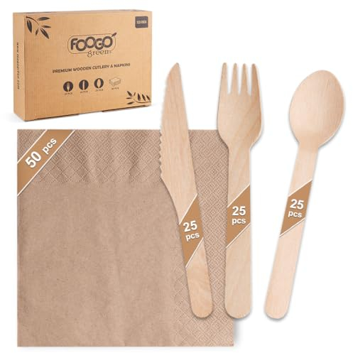 FOOGO Green 125pcs Disposable Wooden Cutlery and Unbleached Brown Napkins, FSC® Certified, 25x Forks, Knives, Spoons, 50x Brown Napkins, 2 Ply Strong Paper Serviettes, Eco Friendly Cutlery Set
