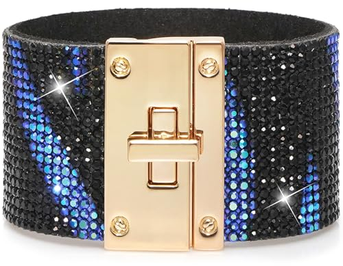 Suyi Leder Wickelarmbänder für Frauen Breites Strass-Armband Bohemian Armreif Armband Black