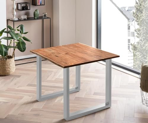 SAM B-Ware Esstisch 90x90 cm Mundra, Baumkantentisch aus Akazienholz, massiv + nussbaumfarben, U-Metallgestell Silber, Esszimmertisch mit echter Baumkante