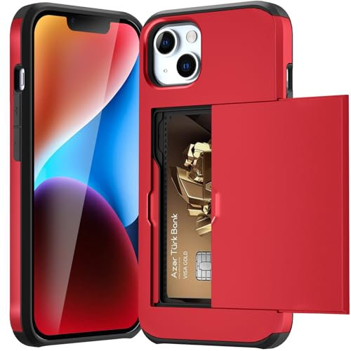 ACOCOBUY for iPhone 14 Case with Card Holder Sliding Cover Hidden Pocket IDs Credit Cards Slot Heavy Duty Shockproof Protective Dual Layer Wallet Phone Cover Back Shell for Men Women 6.1 inch Red
