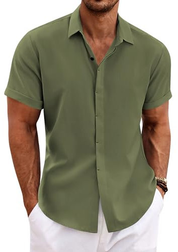 COOFANDY Chemise d'été à manches courtes en lin pour homme, coupe droite à boutons, haut hawaïen pour les vacances, vert militaire, XXL