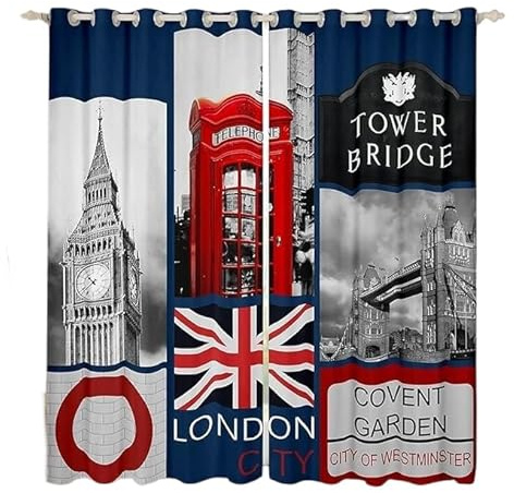 Homewish London Vorhänge für Schlafzimmer, romantisches Stadtgebäude, Fenstervorhänge, 117 cm B x 137 cm, 2 Paneele, große gebogene Verdunkelungsvorhänge für Wohnzimmer, Zuhause, Vereinigtes