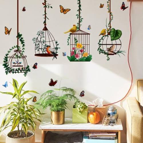 Wandaufkleber mit Vogelkäfig-Pflanze, Schmetterling, Vogel, Blume, zum Aufhängen, Wandtattoo, Kunst, Wandbilder für Zuhause, Wohnzimmer, Schlafzimmer, Dekoration