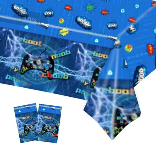2Pcs Blue Video Game Party Table Cloth,137*274cm Gaming Player Party Tablecloths Game Party Plastic Table Cover for for Kids Boys Girls Gaming Birthday Decorations,Game Theme Birthday Party Supplies